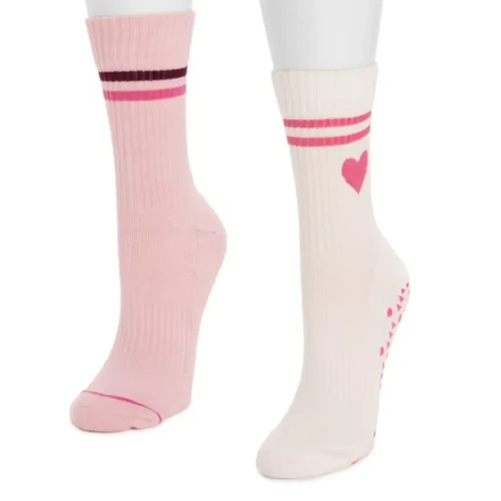 MUK LUKS Women's Pilates Cotton Crew Socks, 2-Pack, Shoe Sizes 6-10 Grip, Yoga